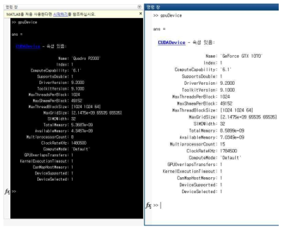 PC_A(왼쪽), PC_B(오른쪽)에 대한 MATLAB GPU연동 현황