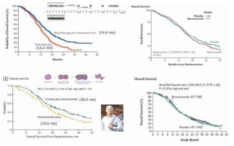 교모세포종 표적항암제 실패의 역사 (Stupp et al., 2005, N Engl J Med; Gilbert et al., 2014, N Engl J Med; Stupp et al., 2015, JAMA; Chinot et al., 2014, N Engl J Med)