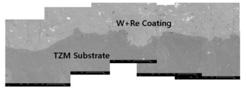 W+Re VPS 코팅층과 모재 간 경계부분 SEM 사진