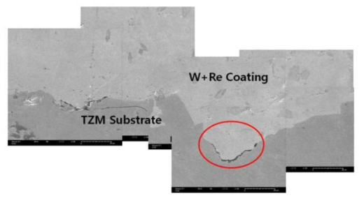 W+Re VPS 코팅층과 모재 간 경계부분 SEM 사진