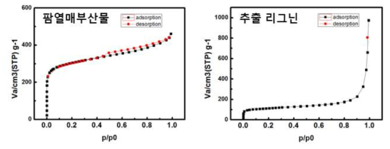 방사선 전자파 조사에 의한 물리적 활성화를 통해 합성된 팜열매부산물 및 추출 리그닌 바이오매스 소재 유래 다공성 탄소나노소재의 BET 분석 결과