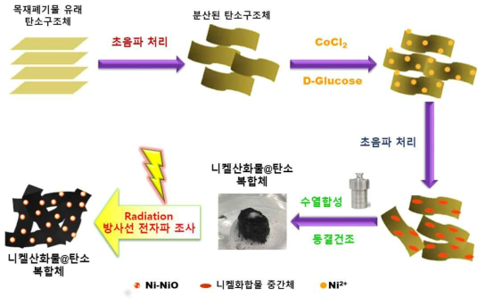 니켈 금속산화물 나노입자 및 탄소구조체 복합화된 탄소나노소재 합성 모식도