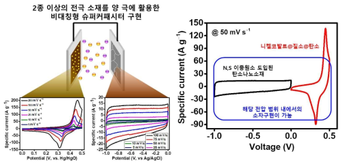 비대칭형 슈퍼커패시터 개발을 위한 양 극 소재의 선정 및 소자 디자인 모식도