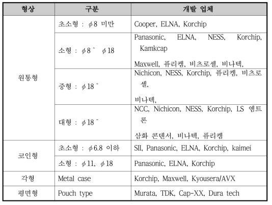 슈퍼커패시터의 일반적인 제품 분류 및 개발 업체