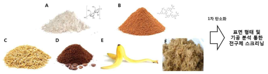 목재폐기물 유래 탄소나노소재 전구체 후보군 6종의 1차 탄소화 통한 스크리닝 방안: A: 셀룰로오스, B: 리그닌, C:쌀겨, D:커피추출부산물, E:바나나 과일껍질, F:팜열매부산물