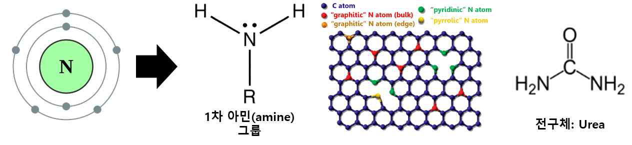 질소 원자의 구조, 탄소소재 표면 도입 시 가능한 구조 모식도 및 전구체 그림: Catalysts, 2015, 5, 1574