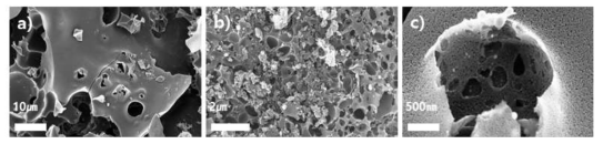 방사선 전자파 조사를 통해 질소 원소 도입한 다공성 탄소나노소재(농도 0.75mol/L)의 배율별 SEM 사진(a:5,000배, b: 30,000배, c:200,000배)