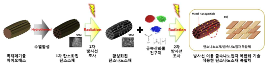 방사선 조사를 통한 금속나노입자 복합화된 다공성 탄소나노소재 복합체의 합성 과정 모식도