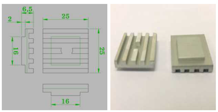 냉각효율 증대를 위한 방열판 구조 설계(왼쪽) 및 제작(오른쪽)
