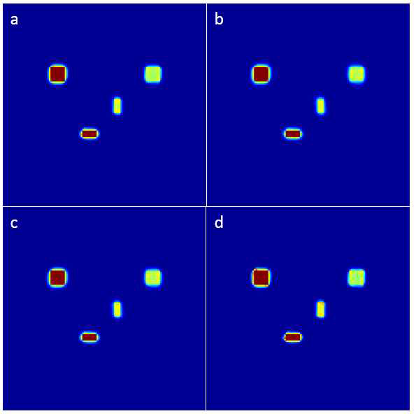 ML-EM(a), ML-EM-TV(b), OS-EM(c), OS-EM-TV(d)