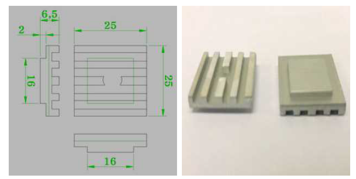 냉각효율 증대를 위한 방열판 구조 설계(왼쪽) 및 제작(오른쪽)