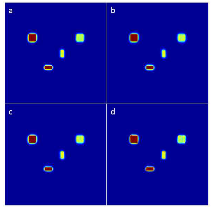 ML-EM(a), ML-EM-TV(b), OS-EM(c), OS-EM-TV(d)