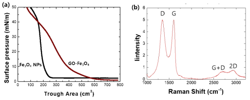 (a) air-GO 분산용액 인터페이스에서 GO-Fe3O4 single layer의 표면압력-영역 (π-A) 등온선. (b) LS 증착 후 라만 스펙트럼