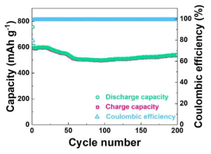 전류밀도 300 mA/g에서 측정한 Wrinkled GO의 200사이클까지 용량과 쿨롱효율