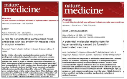 포르말린이용백신의 저효능 문제점(왼쪽)와 알러지 반응 부작용 (오른쪽)보고 논문
