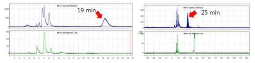 신규 정제 조건에 따른 [18F]GP-1의 정제 크로마토그램
