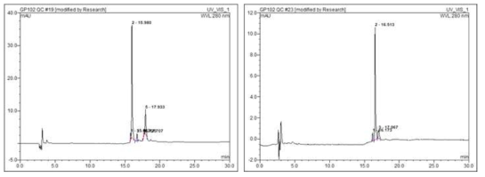 GP-102 only (좌), Cold Ga이 표지된 GP-102 (우)의 UV 크로마토그램