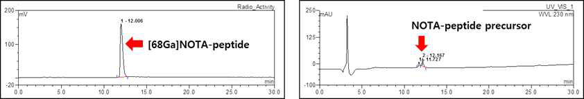 NOTA-peptide의 QC 방사능 검출 크로마토그램 (좌), UV 크로마토그램 (우)