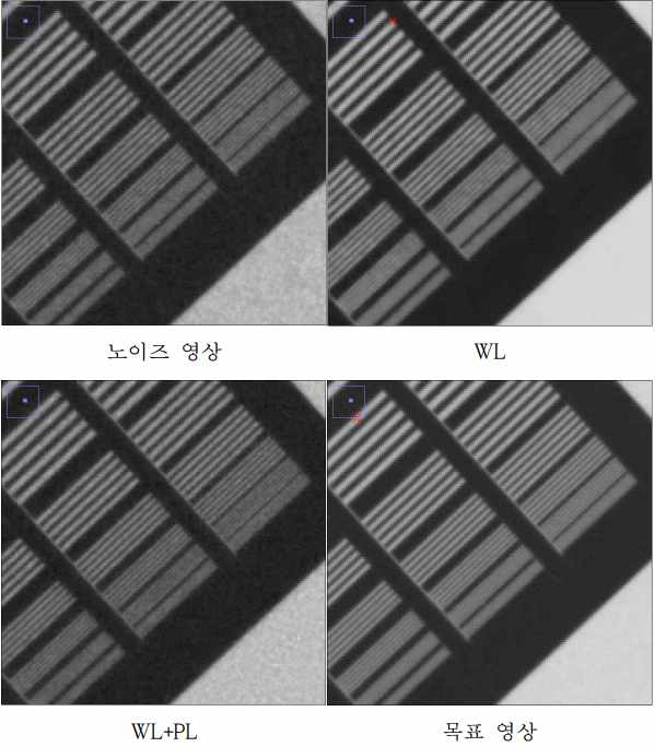 제안된 알고리즘에 WL 및 PL을 적용하여 획득한 대표 영상 및 목표 영상