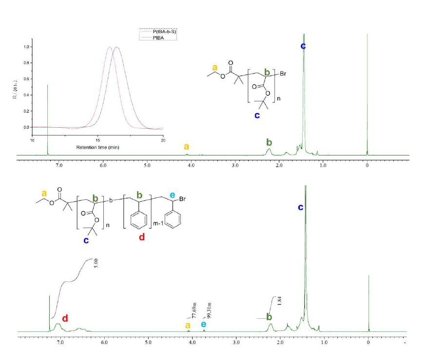 합성된 P(S-b-tBA)의 SEC와 1H NMR 결과