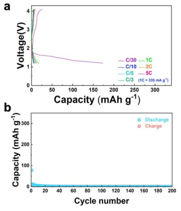 (a) Pristine CuSO4의 다양한 전류밀도에서의 충방전 곡선 (b) 200 사이클 간 1C에서 진행된 pristine CuSO4의 사이클 성능