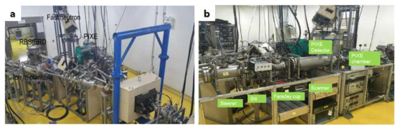 (a) 양성자가속기연구센터 1.7MV 탄뎀가속기의 4개 빔라인 (b) 기설치된 PIXE 빔라인 구성
