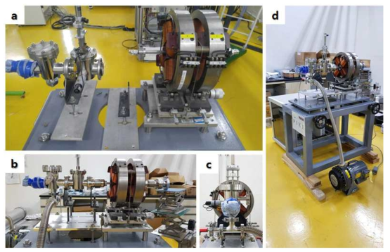 (a) 외기 PIXE 빔라인 전단부 제작 과정, (b),(c) 완성된 외기 PIXE 빔라인 전단부, (d) 완성된 외기 PIXE 빔라인 전단부 진공테스트