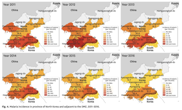 북한의 말라리아 위험 지역 (Jim JH et al. 2019 J Korea Med Sci)