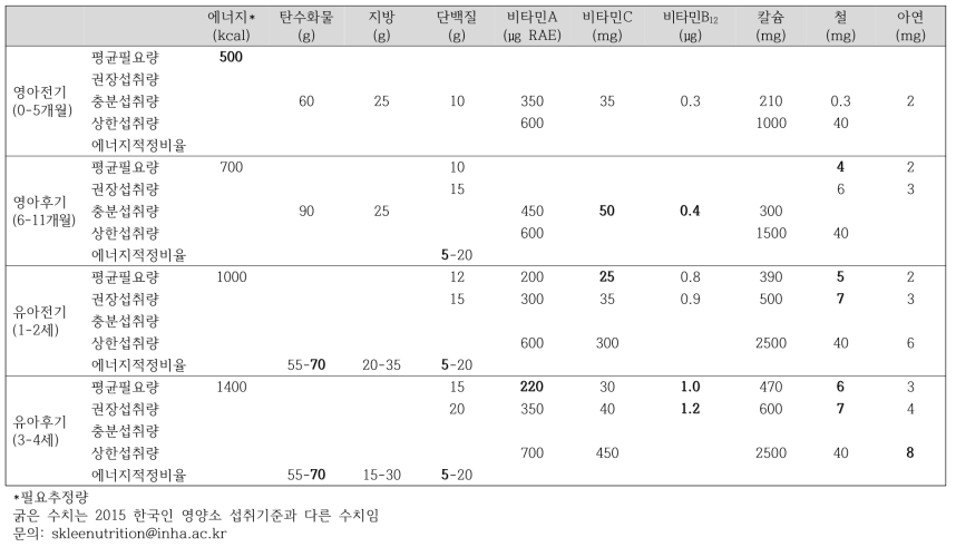 북한 영유아 영양소 섭취기준 제안