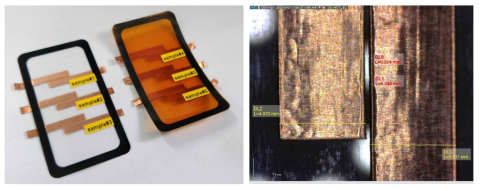 (좌) 박막유리, 폴리이미드 필름 패턴 샘플, (우) 전극 폭 5 mm 및 갭 약 250 um