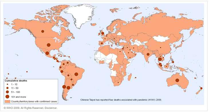 호흡기감염바이러스 (인플루엔자) 대유행에 따른 사망(출처: WHO 출처자료,2009년)