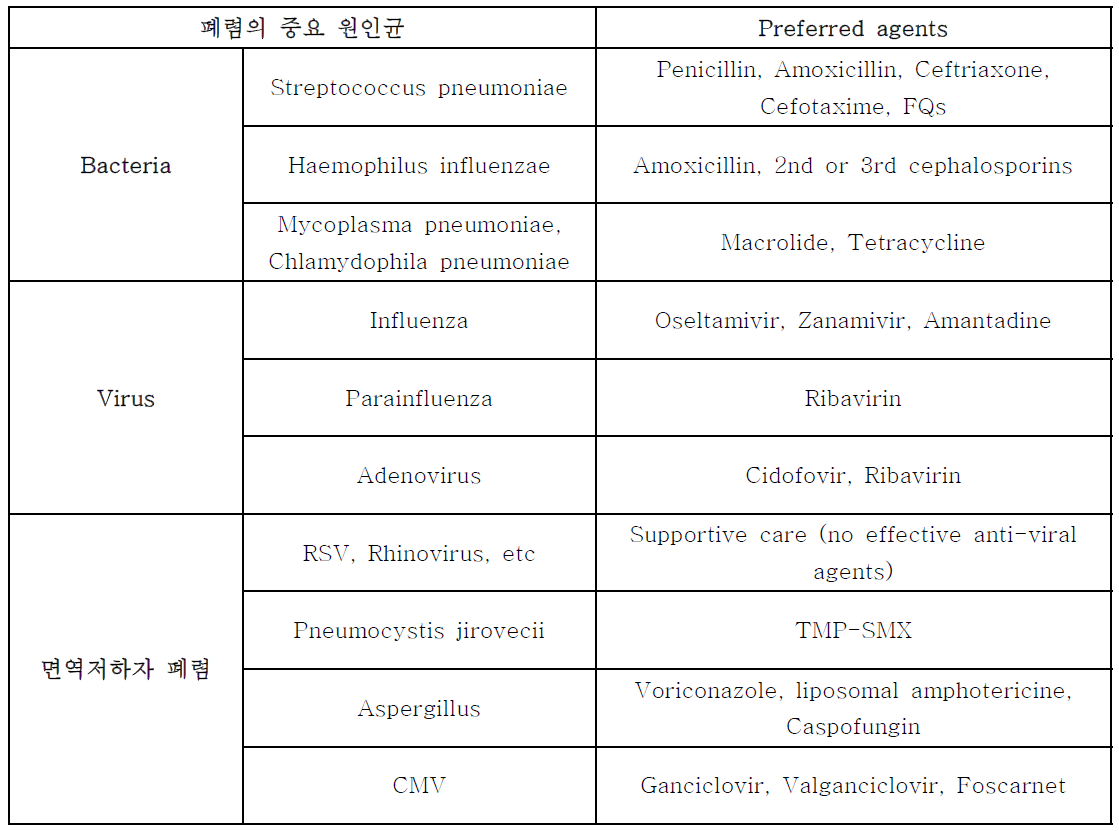 폐렴의 중요 원인균에 대한 적절한 항생제 구분