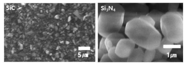 재활용 SiC 분말(좌), 저온기상법으로 합성한 Si3N4 (아래첨자) 분말(우)의 SEM 이미지
