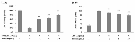 Effect of taro extract on 6-OHDA-induced cell viability (1-A) and LPS-induced nitric oxide (1-B) in SH-SY5Y cell. There was no cytotoxicity on SH-SY5Y cell with taro extract up to 10 mg/mL