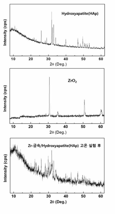 Zr 금속과 hydroxyapatite간의 초고온(3000℃) 가솔린-산소 torch 실험 후 측정한 x-ray 회절도