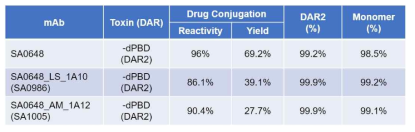 선별된 DLK1-SA0648 인간항체 변이체 2종의 ADC 제조 반응성, 수율 및 균일성 확인
