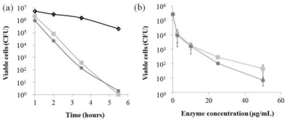Effect of incubation time and enzyme concentration on bacterial killing against fresh culture of vegetative cells. (A) Kinetics of bacterial killing against vegetative cells; the enzyme concentration was 150 μg/mL. (B) Effect of enzyme concentration on bacterial killing; the treatment time was 3.5 h. PBS (◇), CD11 (●), and CDG (■)