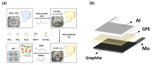 (a) 젤 폴리머 전해질 제조를 위한 합성 절차 (b) 파우치 전지의 구성