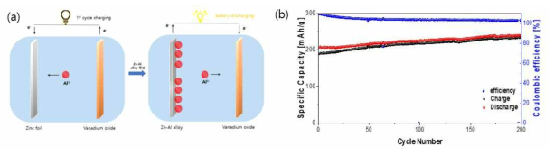 (a) 수용액 알루미늄 이온 배터리 전기 화학적 개략도 (b) 5A/g 전류밀도에서 cycle vs. capacity