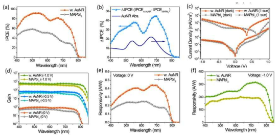 (a) 0 V에서 측정된 순수 CH3NH3PbI3 및 CH3NH3PbI3-AuNR 하이브리드 광검출기의 IPCE 스펙트럼, (b) AuNRs를 내장한 경우의 IPCE(ΔIPCE)의 증가 및 AuNRs의 흡광도, (c) 암전 상태 및 시뮬레이션 된 1 sun 일루미네이션(illumination) 하에서, 순수 CH3NH3PbI3 및 CH3NH3PbI3-AuNR 하이브리드 광검출기의 전류 밀도-전압(J-V) 특성, (d) 다양한 역바이어스(0, -0.5, -1.0 V) 하에서 순수 CH3NH3PbI3 및 CH3NH3PbI3-AuNR 하이브리드 광검출기의 파장에 따른-의존 이득(gain)값, 및 (e) 0 V와 (f) 역바이어스 -1.0 V 에서 계산된 순수 CH3NH3PbI3 및 CH3NH3PbI3-AuNR 하이브리드 광검출기의 응답성