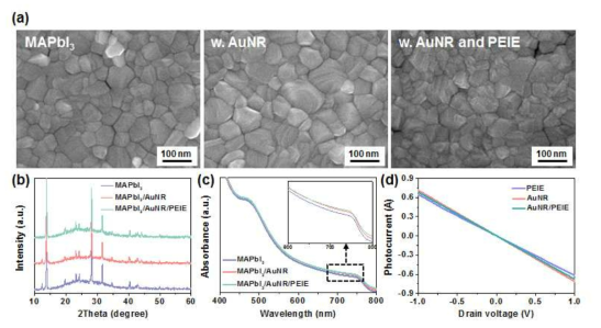 (a) AuNR와 PEIE를 도입한 페로브스카이트 SEM 이미지, (b) XRD 분석, (c) UV-Vis 흡수도, (d) Linear J-V 결과