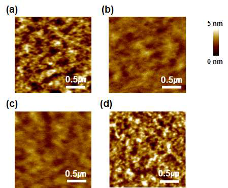 SAM을 도입한 ZnO 전자 전달층의 표면 AFM 이미지 (a) ZnO, (b)ZnO/MBA, (c) ZnO/DMBA (d) ZnO/TMBA