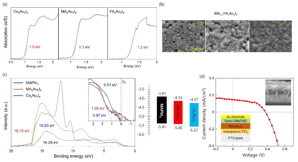 (a) 합성한 A2Au2I6 (A=Cs, MA, FA)의 광학 밴드갭, (b) mixed organic cation을 가지는 MA2-xFAxAu2I6의 박막 형성, (c) Cs2Au2I6, MA2Au2I6의 ultraviolet photoelectron spectrum (UPS)과 에너지 레벨, (d)MA2Au2I6기반 태양전지의 전류-전압 특성