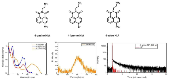 나프탈이미드 기반 유기 양이온 구조와 흡광 및 발광 특성과 4-amino NIA의 시분해성 발광 스펙트럼