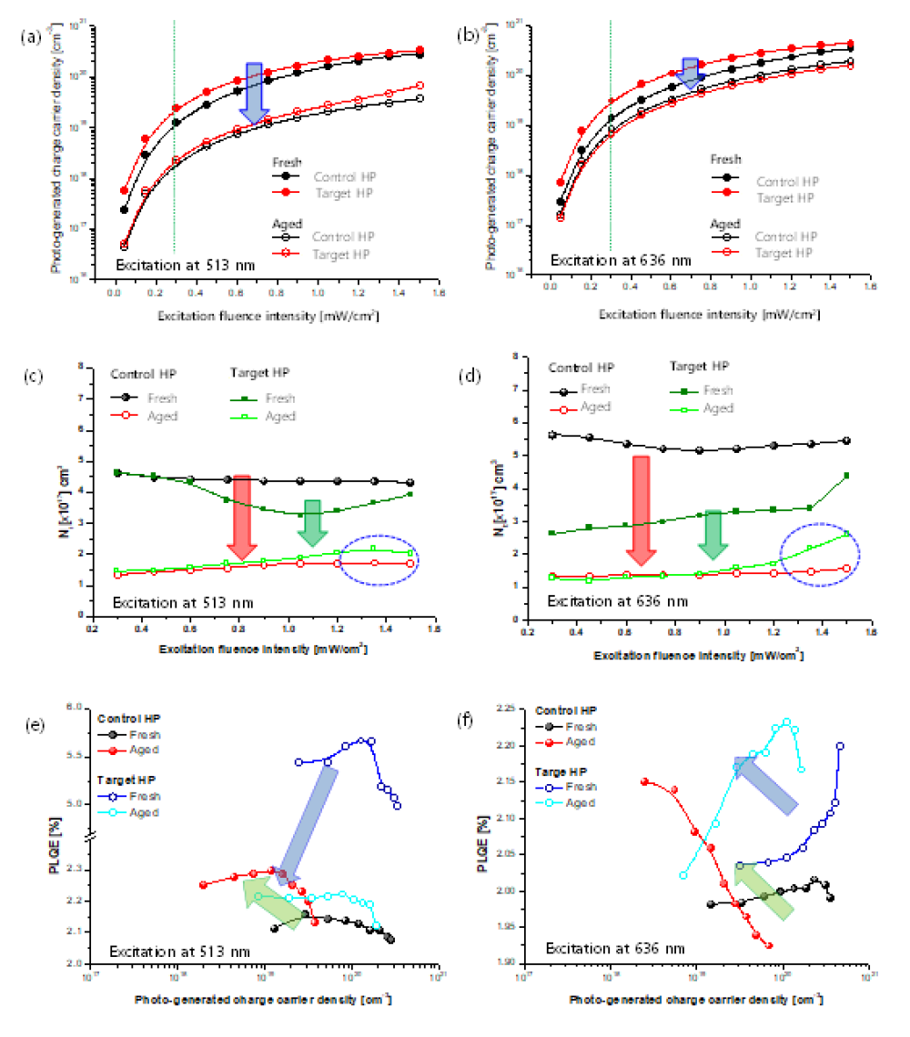 PL과 TCSPC 측정을 513 nm와 636 nm의 여기 파장에서 얻어진 excited charge carrier density 및 total trap density 그리고 PLQE를 구한 결과이다