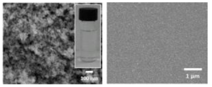 La-doped BaSnO3 계 나노 입자가 분산된 용액과 박막 표면 사진