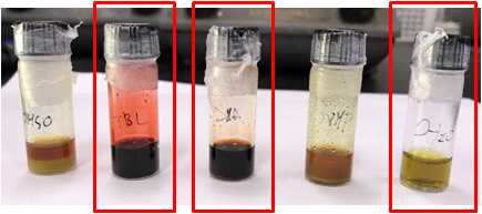 다양한 용매를 사용 CsI와 NiI2의 solubility확인.(왼쪽부터 DMSO, GBL, DMA, NMP 그리고 H2O)