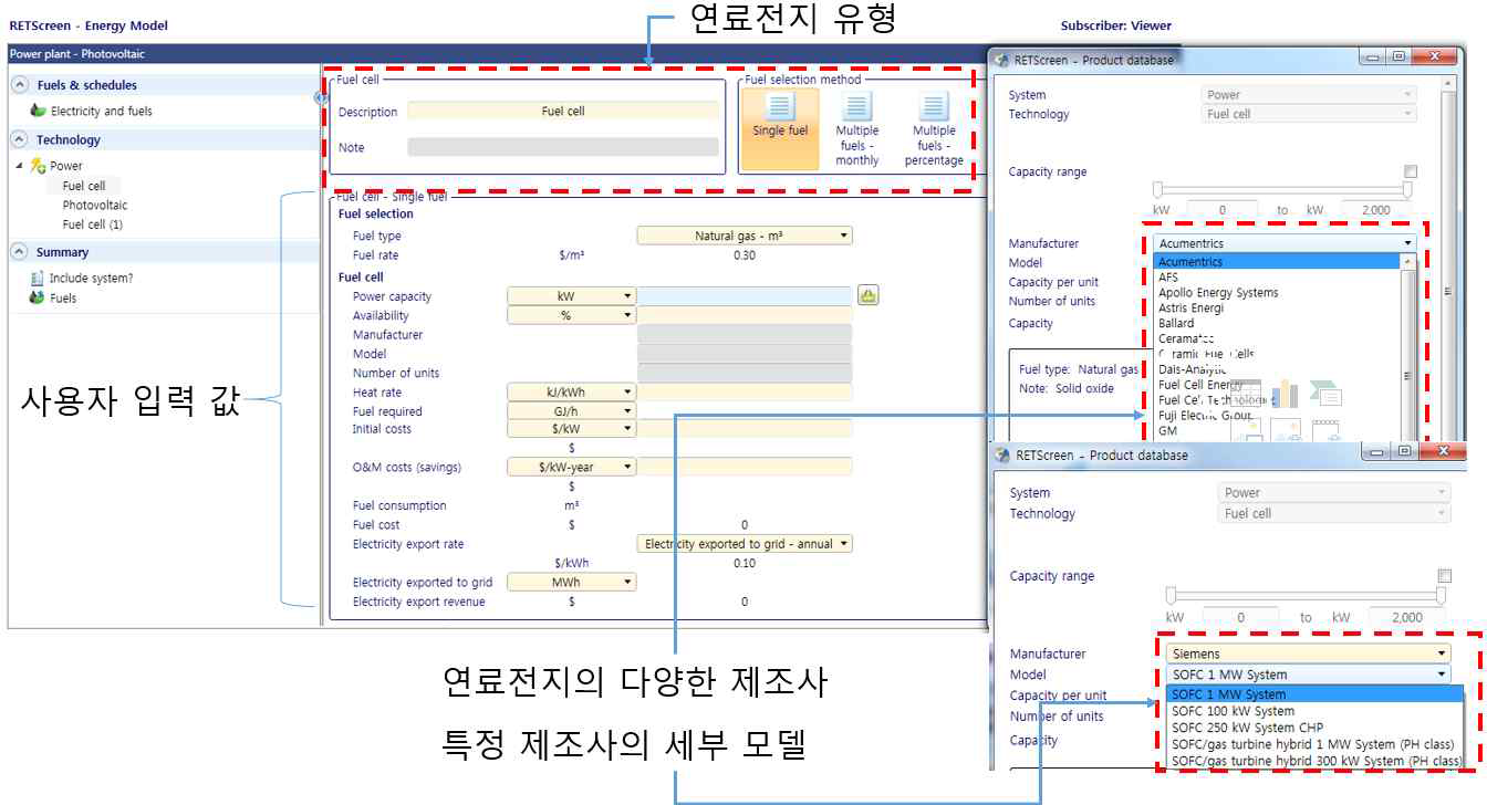 Specific Technology in RETScreen – Fuel Cell 출처 : http://www.nrcan.gc.ca/energy/software-tools/7465, RETScreen Expert version (Viewer version) 사용