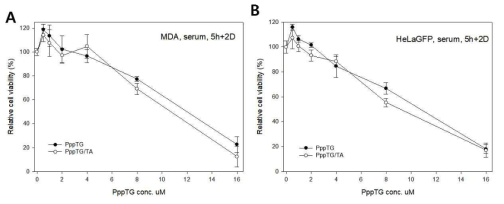 0-16 uM 의 PppTG 혹은 Tannylated PppTG를 처리한 (A) MDAMB231GFP 세포와 (B) HeLaGFP 세포의 viability를 CCK assay를 이용해 측정. (serum 조건; 5시간 처리하고 이틀 후 분석; ppTG/TA molar ratio = 27)