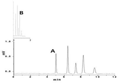 C18 유도체화한 B 구역 입자를 충전한 컬럼 (내경 1.8 mm, 길이 5 cm)에서 수집한 크로마토그램. A) 이동상 유속: 80 uL/min. 이동상: 60/40 60/40 아세토니트릴/물 (0.1% TFA 함유); B) 이동상 유속: 700 uL/min. 이동상: 80/20 아세토니트릴/물 (0.1% TFA 함유). 용리순서: 페놀, 2-니트로아닐린, 안트라퀴논, 안트라센, 디씨클로헥실 프탈레이트